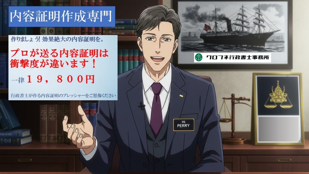 「内容証明を解説する男性行政書士のイラスト」

「内容証明 郵送 解説 イメージ」