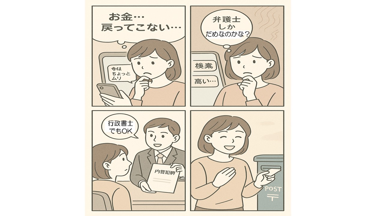 お金を返してもらう方法を描いた4コマ漫画