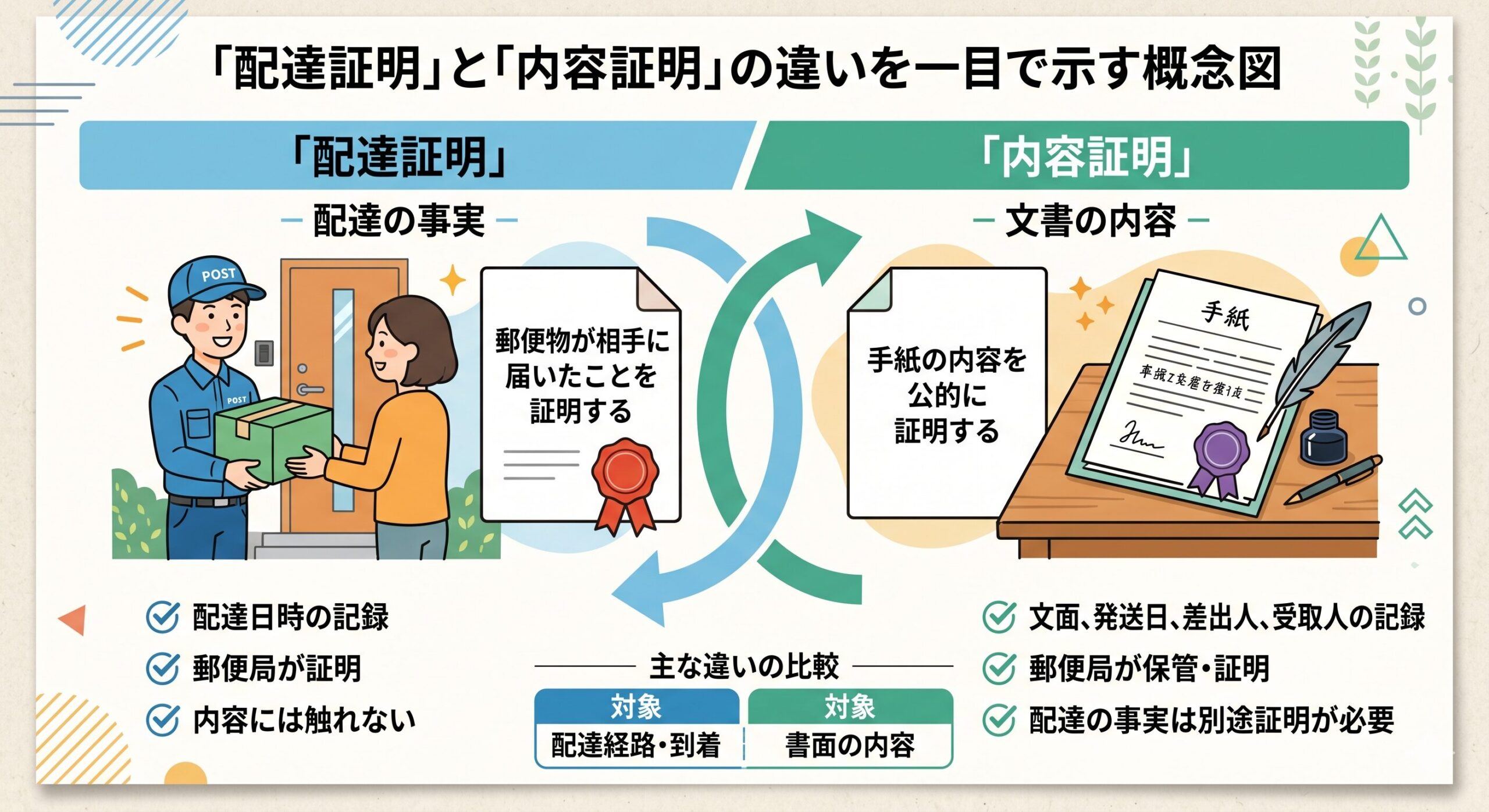 配達証明と内容証明の違いを示す図