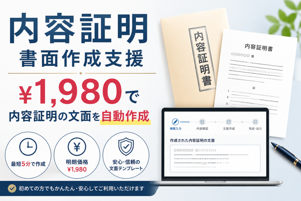 内容証明 書面作成支援|¥1,980で内容証明の文面を自動作成